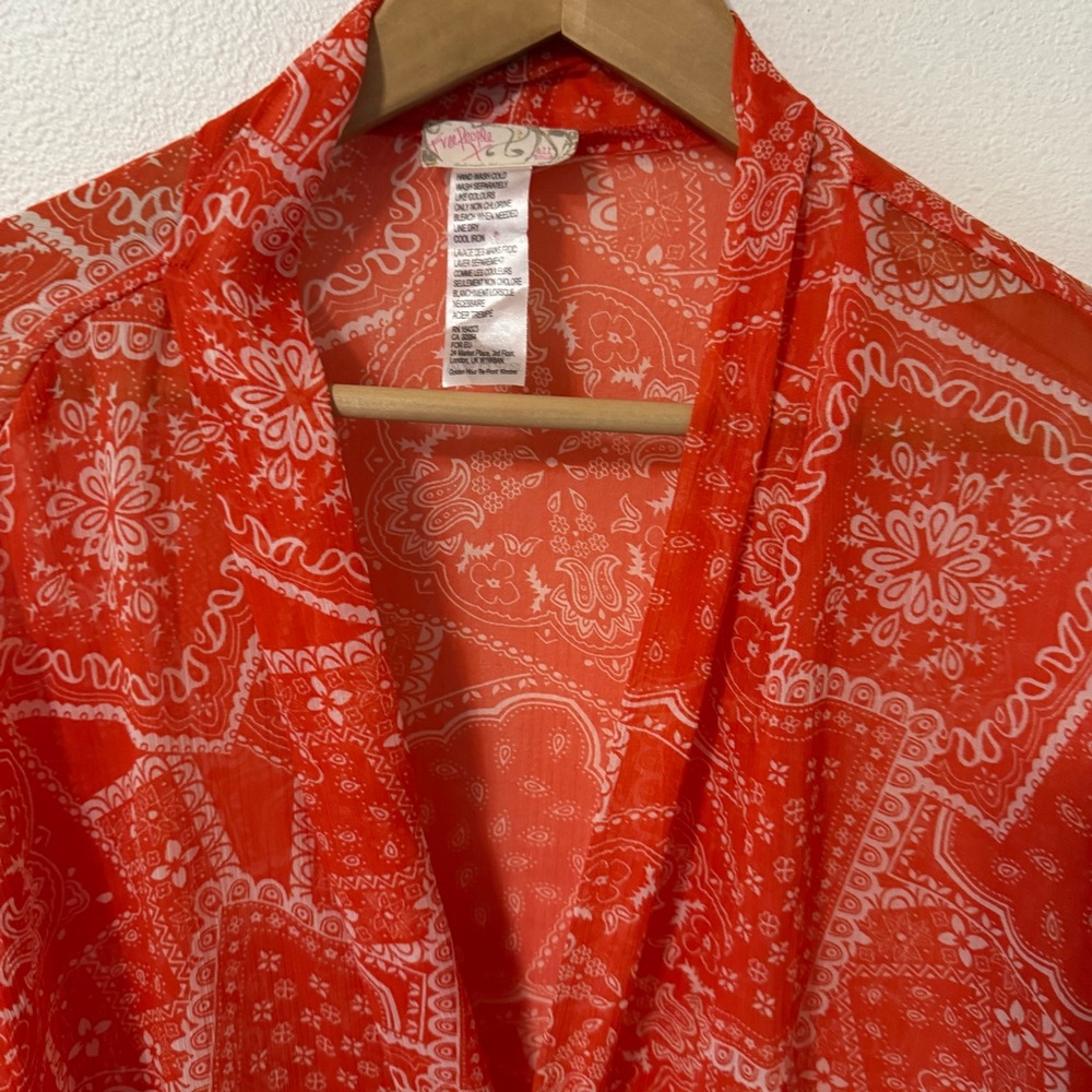 Free People Golden Hour Tie Front Kimono Orange Bandanna Print Sheer Dolman-OS - Picture 4 of 8